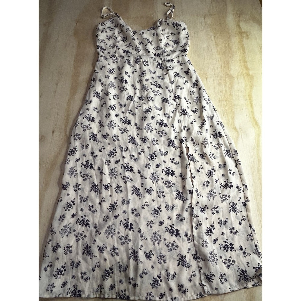 Women's NLW Floral Slip Dress Small Beige Blue Cottagecore Midi Side Slit Straps